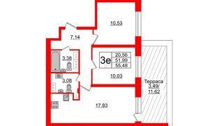 Квартира в ЖК БелАРТ, 2 комнатная, 55.48 м², 16 этаж