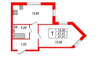 Квартира в ЖК Ювента, 1 комнатная, 41.41 м², 1 этаж