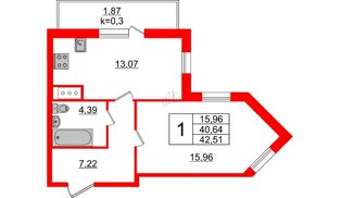 Квартира в ЖК Ювента, 1 комнатная, 42.51 м², 3 этаж