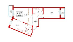 Квартира в ЖК Приморский квартал, 2 комнатная, 73.5 м², 6 этаж