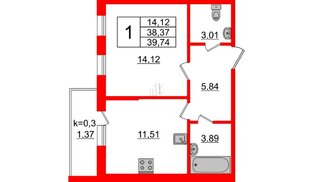 Квартира в ЖК Ювента, 1 комнатная, 39.74 м², 1 этаж