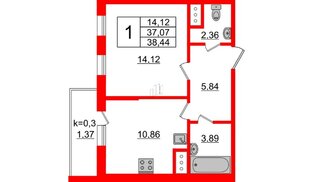 Квартира в ЖК Ювента, 1 комнатная, 38.44 м², 3 этаж