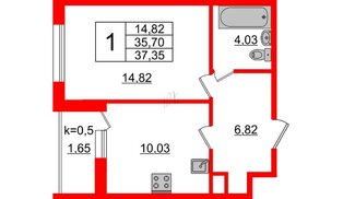 Квартира в ЖК Ювента, 1 комнатная, 38.8 м², 1 этаж