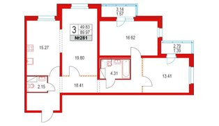Квартира в ЖК Приморский квартал, 3 комнатная, 89.97 м², 2 этаж