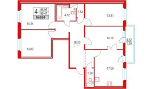 Квартира в ЖК Приморский квартал, 4 комнатная, 99.41 м², 16 этаж