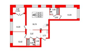 Квартира в ЖК Наука, 3 комнатная, 98.6 м², 2 этаж