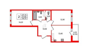 Квартира в ЖК Монография, 2 комнатная, 59.6 м², 8 этаж