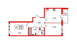 Квартира в ЖК Монография, 2 комнатная, 57.6 м², 12 этаж