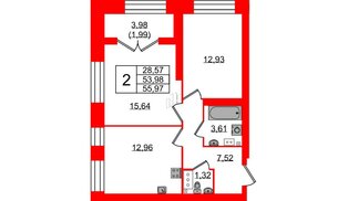 Квартира в ЖК Наука, 2 комнатная, 56.1 м², 2 этаж