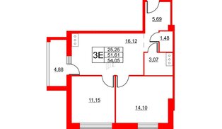 Апартаменты в ЖК Wings, 2 комнатные, 54.9 м², 9 этаж