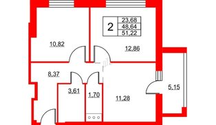 Апартаменты в ЖК Wings, 2 комнатные, 52.5 м², 9 этаж