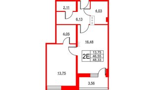 Апартаменты в ЖК Wings, 1 комнатные, 48.1 м², 9 этаж