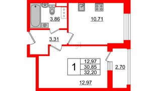 Квартира в ЖК Cube, 1 комнатная, 32.2 м², 5 этаж