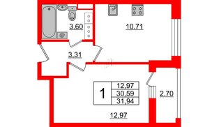 Квартира в ЖК Cube, 1 комнатная, 31.94 м², 14 этаж