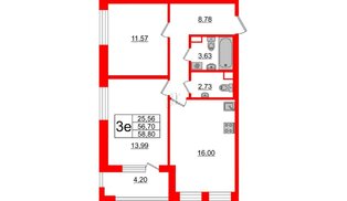 Квартира в ЖК Cube, 2 комнатная, 58.8 м², 2 этаж