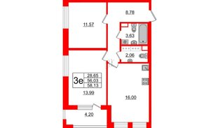 Квартира в ЖК Cube, 2 комнатная, 58.13 м², 3 этаж