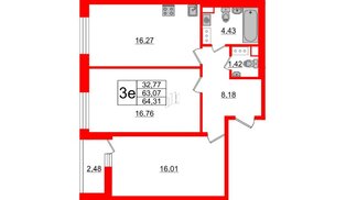 Квартира в ЖК Cube, 2 комнатная, 64.31 м², 9 этаж