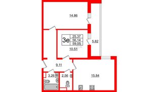 Квартира в ЖК Cube, 2 комнатная, 59.05 м², 3 этаж