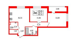 Квартира в ЖК Cube, 2 комнатная, 60.1 м², 3 этаж