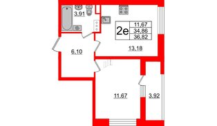 Квартира в ЖК Cube, 1 комнатная, 36.82 м², 3 этаж