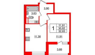 Квартира в ЖК Cube, 1 комнатная, 32.65 м², 7 этаж