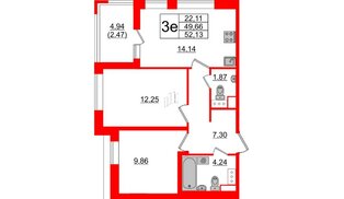 Квартира в ЖК Cube, 2 комнатная, 52.13 м², 7 этаж