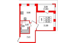 Квартира в ЖК Cube, 1 комнатная, 34.85 м², 7 этаж
