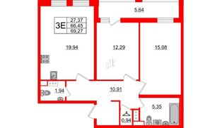 Квартира в ЖК Cube, 2 комнатная, 69.27 м², 7 этаж