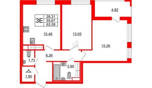 Квартира в ЖК Cube, 2 комнатная, 62.08 м², 13 этаж