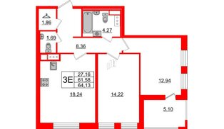 Квартира в ЖК Cube, 2 комнатная, 64.13 м², 12 этаж