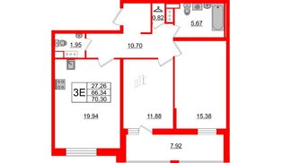 Квартира в ЖК Cube, 2 комнатная, 70.3 м², 7 этаж
