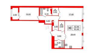 Квартира в ЖК Миръ, 2 комнатная, 93.4 м², 6 этаж