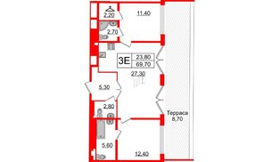 Квартира в ЖК Миръ, 2 комнатная, 70.1 м², 8 этаж