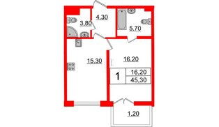 Квартира в ЖК Миръ, 1 комнатная, 45.3 м², 4 этаж