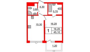 Квартира в ЖК Миръ, 1 комнатная, 45.1 м², 6 этаж