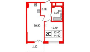Квартира в ЖК Миръ, 1 комнатная, 44.5 м², 4 этаж