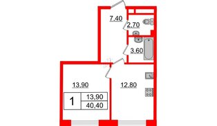 Квартира в ЖК Миръ, 1 комнатная, 40.2 м², 3 этаж