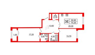 Квартира в ЖК Миръ, 2 комнатная, 75.2 м², 3 этаж