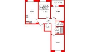 Квартира в ЖК Астрид, 3 комнатная, 67.51 м², 6 этаж