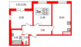 Квартира в ЖК Астрид, 2 комнатная, 55.48 м², 4 этаж