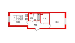 Квартира в ЖК Астрид, 1 комнатная, 43.54 м², 1 этаж