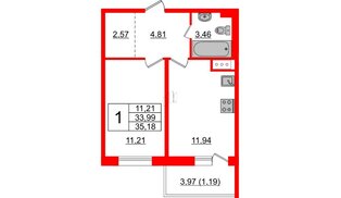 Квартира в ЖК Астрид, 1 комнатная, 35.18 м², 7 этаж