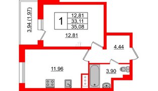 Квартира в ЖК Астрид, 1 комнатная, 35.08 м², 4 этаж