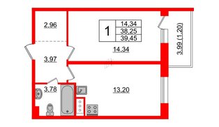 Квартира в ЖК Астрид, 1 комнатная, 39.45 м², 2 этаж
