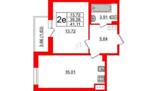 Квартира в ЖК Астрид, 1 комнатная, 41.11 м², 2 этаж