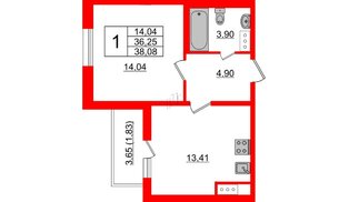 Квартира в ЖК Астрид, 1 комнатная, 38.08 м², 6 этаж
