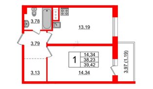Квартира в ЖК Астрид, 1 комнатная, 39.42 м², 2 этаж