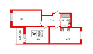 Квартира в ЖК Астрид, 2 комнатная, 58.5 м², 7 этаж