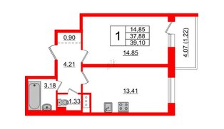 Квартира в ЖК Астрид, 1 комнатная, 39.1 м², 8 этаж