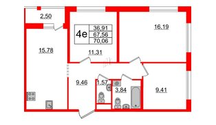 Квартира в ЖК ЦДС Parkolovo, 3 комнатная, 67.56 м², 6 этаж